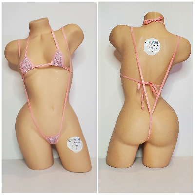 Glittery Baby Pink with Baby Pink Trim  2 Piece Micro String Bikini Set One Size-2