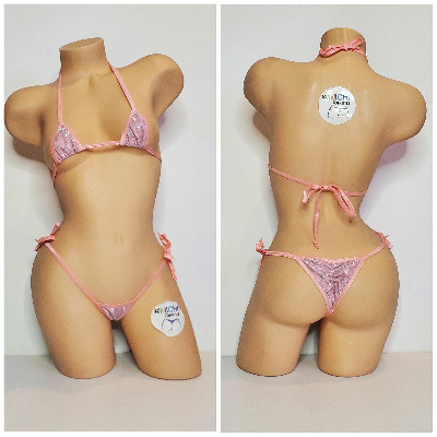 Glittery Baby Pink with Baby Pink Trim  2 Piece Micro String Bikini Set One Size-4