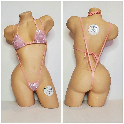 Glittery Baby Pink with Baby Pink Trim  2 Piece Micro String Bikini Set One Size-5