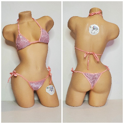 Glittery Baby Pink with Baby Pink Trim  2 Piece Micro String Bikini Set One Size-7