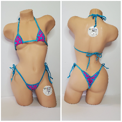 Hot Pink with Aqua Polka Dots Your Choice Trim Color Bottom Bikini Set-5