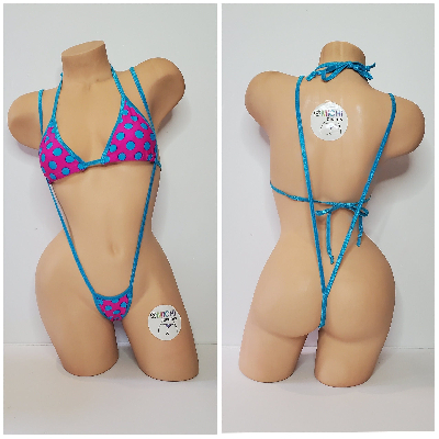 Hot Pink with Aqua Polka Dots Your Choice Trim Color Bottom Bikini Set-6