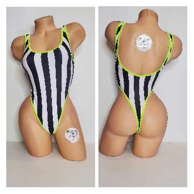 Black and White Vertical Stripes with Neon Green Trim 1 Piece Bodysuit Size SMALL-0