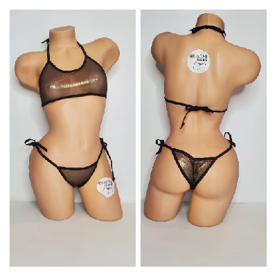 Black w/ Gold Shimmer Mesh ***VERY SHEER*** with Black Trim 2 Piece String Bikini Set One Size-0