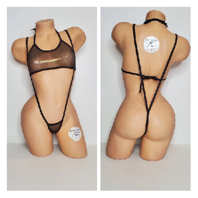 Black w/ Gold Shimmer Mesh ***VERY SHEER*** with Black Trim 2 Piece String Bikini Set One Size-1