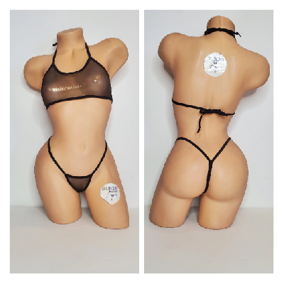 Black w/ Gold Shimmer Mesh ***VERY SHEER*** with Black Trim 2 Piece String Bikini Set One Size-2