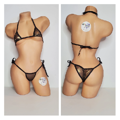 Black w/ Gold Shimmer Mesh ***VERY SHEER*** with Black Trim 2 Piece String Bikini Set One Size-3
