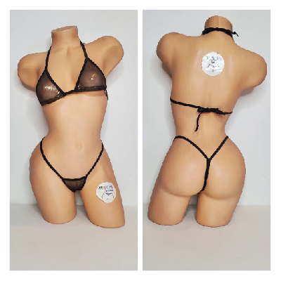 Black w/ Gold Shimmer Mesh ***VERY SHEER*** with Black Trim 2 Piece String Bikini Set One Size-6