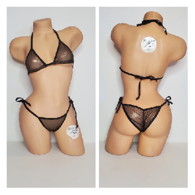 Black w/ Gold Shimmer Mesh ***VERY SHEER*** with Black Trim 2 Piece String Bikini Set One Size-9