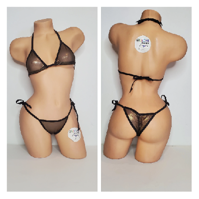 Black w/ Gold Shimmer Mesh ***VERY SHEER*** with Black Trim 2 Piece String Bikini Set One Size-10