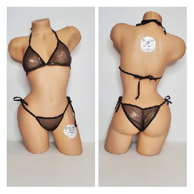 Black w/ Gold Shimmer Mesh ***VERY SHEER*** with Black Trim 2 Piece String Bikini Set One Size-12