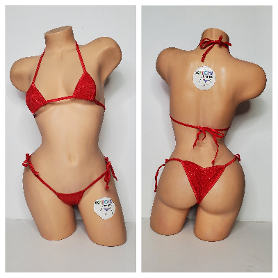 Shimmery Red with Red Trim 2 Piece String Micro Bikini Set One Size-3