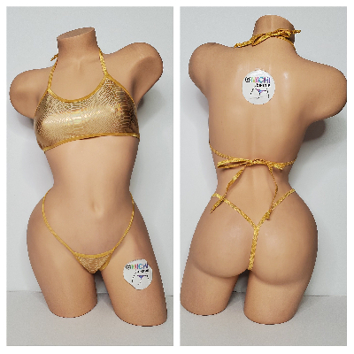 Iridescent Gold Snake Print w/ Gold Trim Color  2 Piece Micro Bikini Set-0