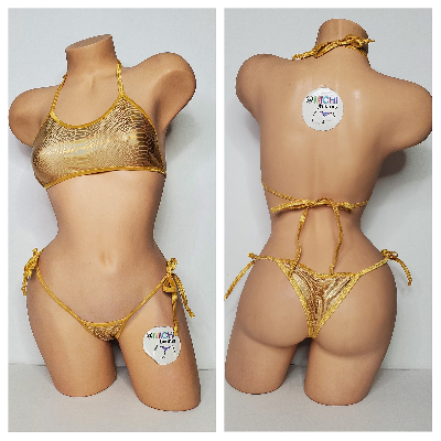 Iridescent Gold Snake Print w/ Gold Trim Color  2 Piece Micro Bikini Set-2