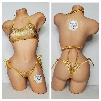 Iridescent Gold Snake Print w/ Gold Trim Color  2 Piece Micro Bikini Set-3