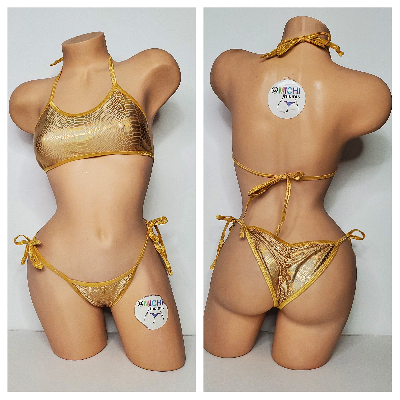 Iridescent Gold Snake Print w/ Gold Trim Color  2 Piece Micro Bikini Set-4