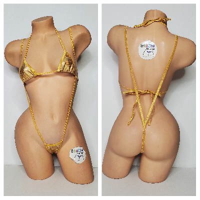 Iridescent Gold Snake Print w/ Gold Trim Color  2 Piece Micro Bikini Set-5