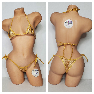 Iridescent Gold Snake Print w/ Gold Trim Color  2 Piece Micro Bikini Set-7