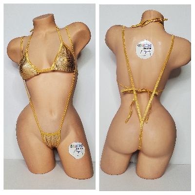 Iridescent Gold Snake Print w/ Gold Trim Color  2 Piece Micro Bikini Set-8