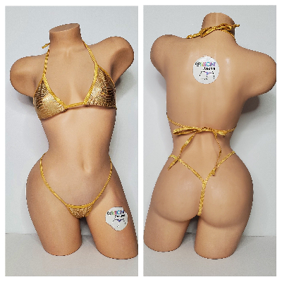 Iridescent Gold Snake Print w/ Gold Trim Color  2 Piece Micro Bikini Set-9