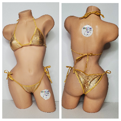Iridescent Gold Snake Print w/ Gold Trim Color  2 Piece Micro Bikini Set-10