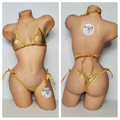 Iridescent Gold Snake Print w/ Gold Trim Color  2 Piece Micro Bikini Set-11