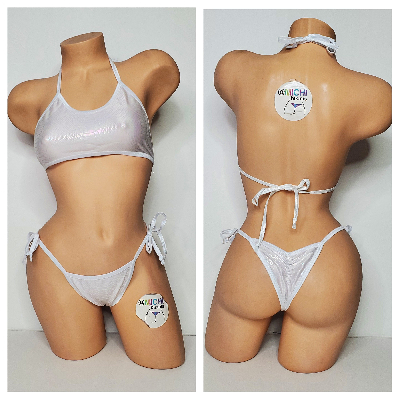 Iridescent White Snake Print w/ White Trim Color 2 Piece Micro Bikini Set-2