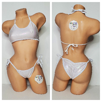 Iridescent White Snake Print w/ White Trim Color 2 Piece Micro Bikini Set-3