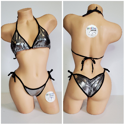 Silver with Black Trim 2 Piece Micro String Bikini Set One Size-1