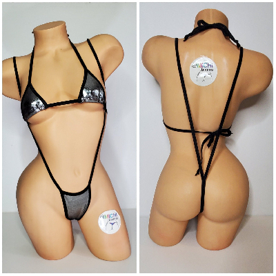 Silver with Black Trim 2 Piece Micro String Bikini Set One Size-3