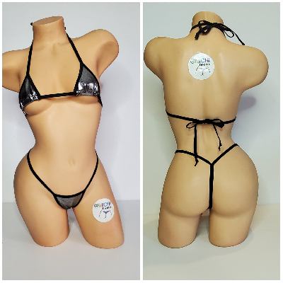 Silver with Black Trim 2 Piece Micro String Bikini Set One Size-4