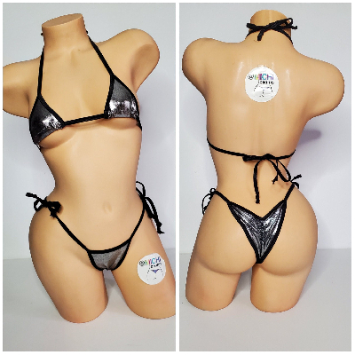 Silver with Black Trim 2 Piece Micro String Bikini Set One Size-5