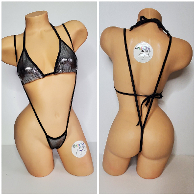 Silver with Black Trim 2 Piece Micro String Bikini Set One Size-6