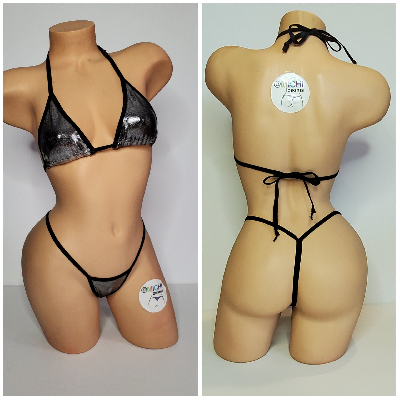 Silver with Black Trim 2 Piece Micro String Bikini Set One Size-7