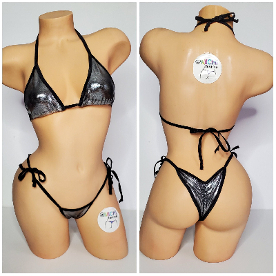 Silver with Black Trim 2 Piece Micro String Bikini Set One Size-8