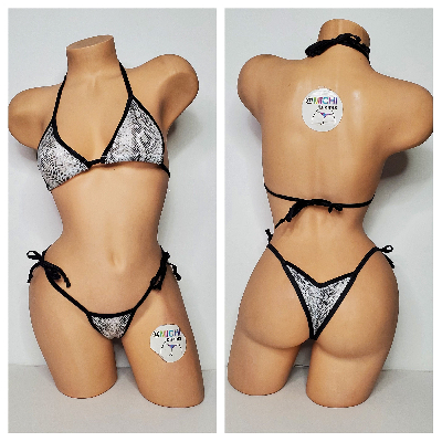 White & Black Snake Skin Pattern w Black Trim 2 Piece Micro String Bikini Set One Size