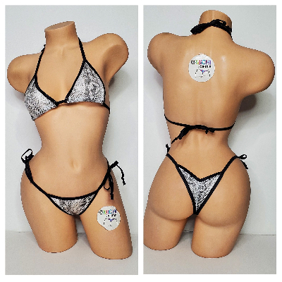 White & Black Snake Skin Pattern w Black Trim 2 Piece Micro String Bikini Set One Size-0