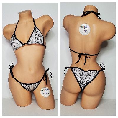 White & Black Snake Skin Pattern w Black Trim 2 Piece Micro String Bikini Set One Size-1