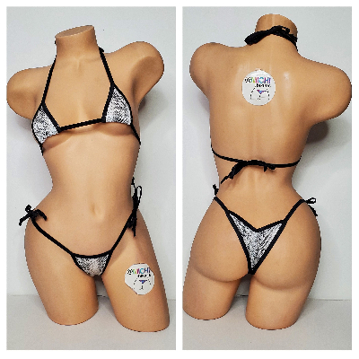 White & Black Snake Skin Pattern w Black Trim 2 Piece Micro String Bikini Set One Size-3