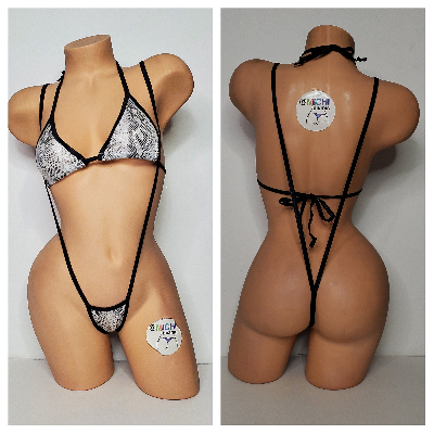 White & Black Snake Skin Pattern w Black Trim 2 Piece Micro String Bikini Set One Size-4