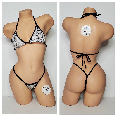 White & Black Snake Skin Pattern w Black Trim 2 Piece Micro String Bikini Set One Size-5