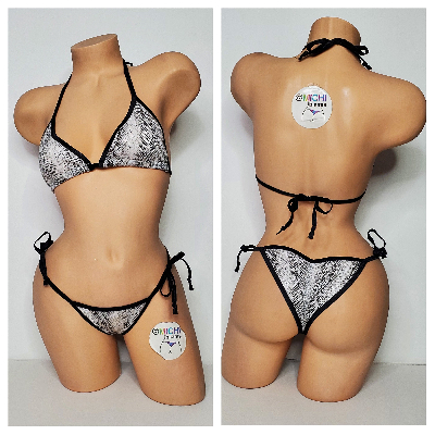 White & Black Snake Skin Pattern w Black Trim 2 Piece Micro String Bikini Set One Size-6