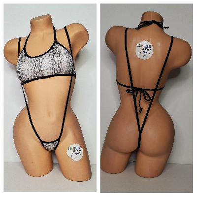 White & Black Snake Skin Pattern w Black Trim 2 Piece Micro String Bikini Set One Size-7