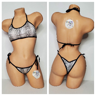 White & Black Snake Skin Pattern w Black Trim 2 Piece Micro String Bikini Set One Size-8