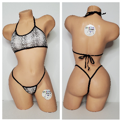 White & Black Snake Skin Pattern w Black Trim 2 Piece Micro String Bikini Set One Size-9