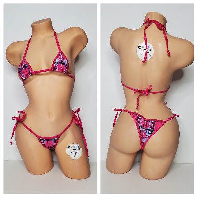 Hot Pink & Sky Blue Plaid Pattern w/ Magenta Trim 2 Piece Micro Bikini Set One Size-3