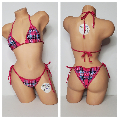 Hot Pink & Sky Blue Plaid Pattern w/ Magenta Trim 2 Piece Micro Bikini Set One Size-4