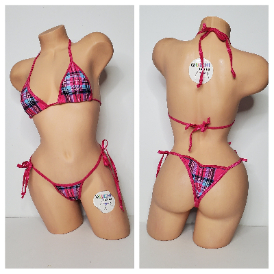 Hot Pink & Sky Blue Plaid Pattern w/ Magenta Trim 2 Piece Micro Bikini Set One Size-5