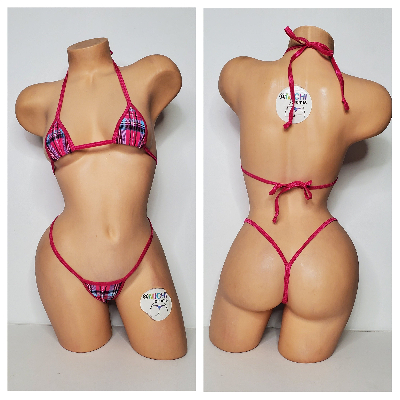 Hot Pink & Sky Blue Plaid Pattern w/ Magenta Trim 2 Piece Micro Bikini Set One Size-6
