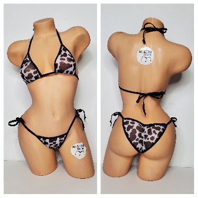 Cow Print Mesh *Semi Sheer* with Black Trim  2pc Bikini Set One Size-2